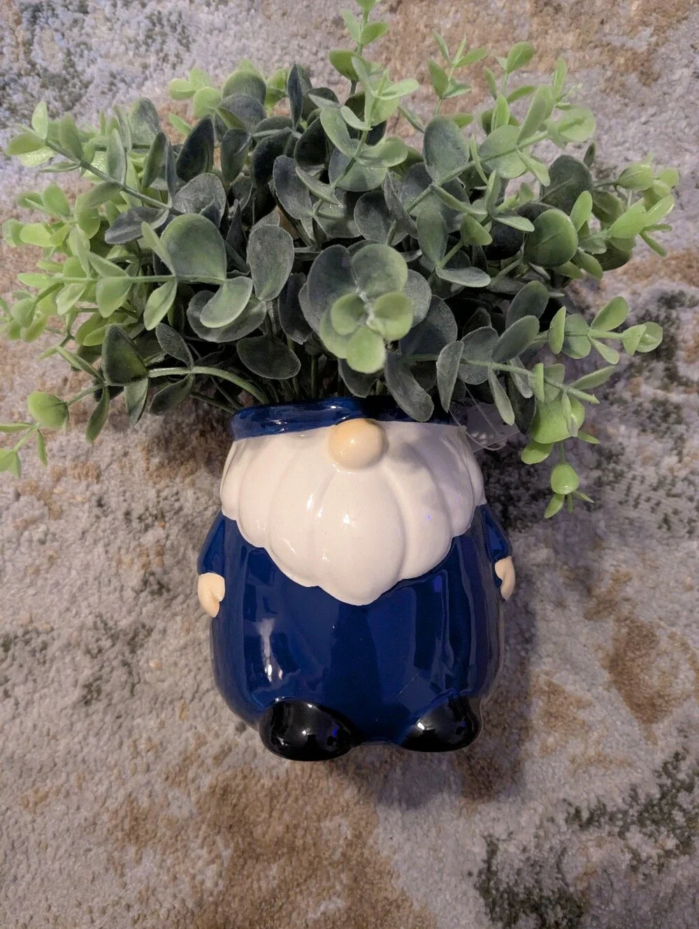 Ceramic Gnome Planter in Navy and White  With Faux Plant- Decorative Home Accent